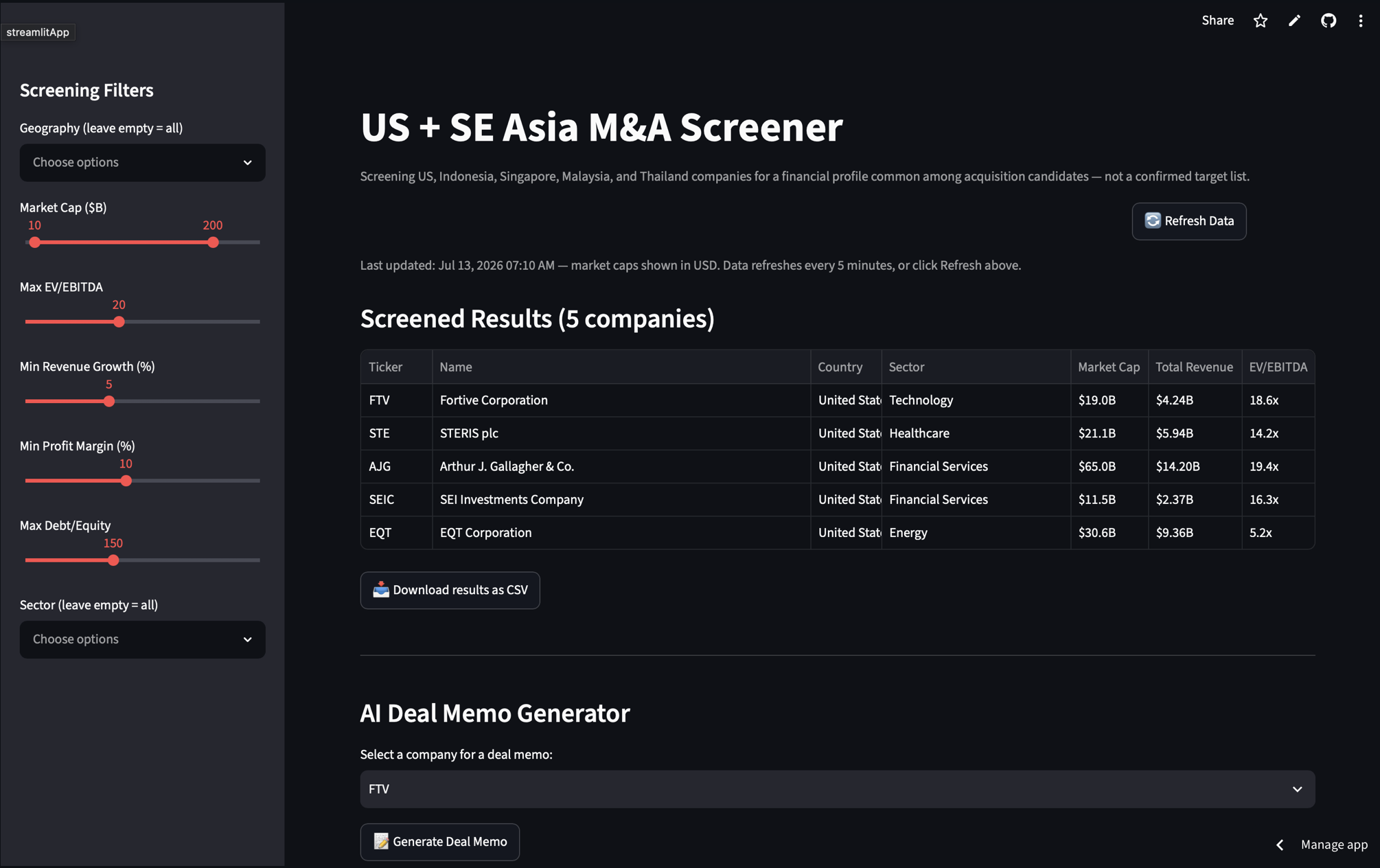 M&A Screener screenshot 1