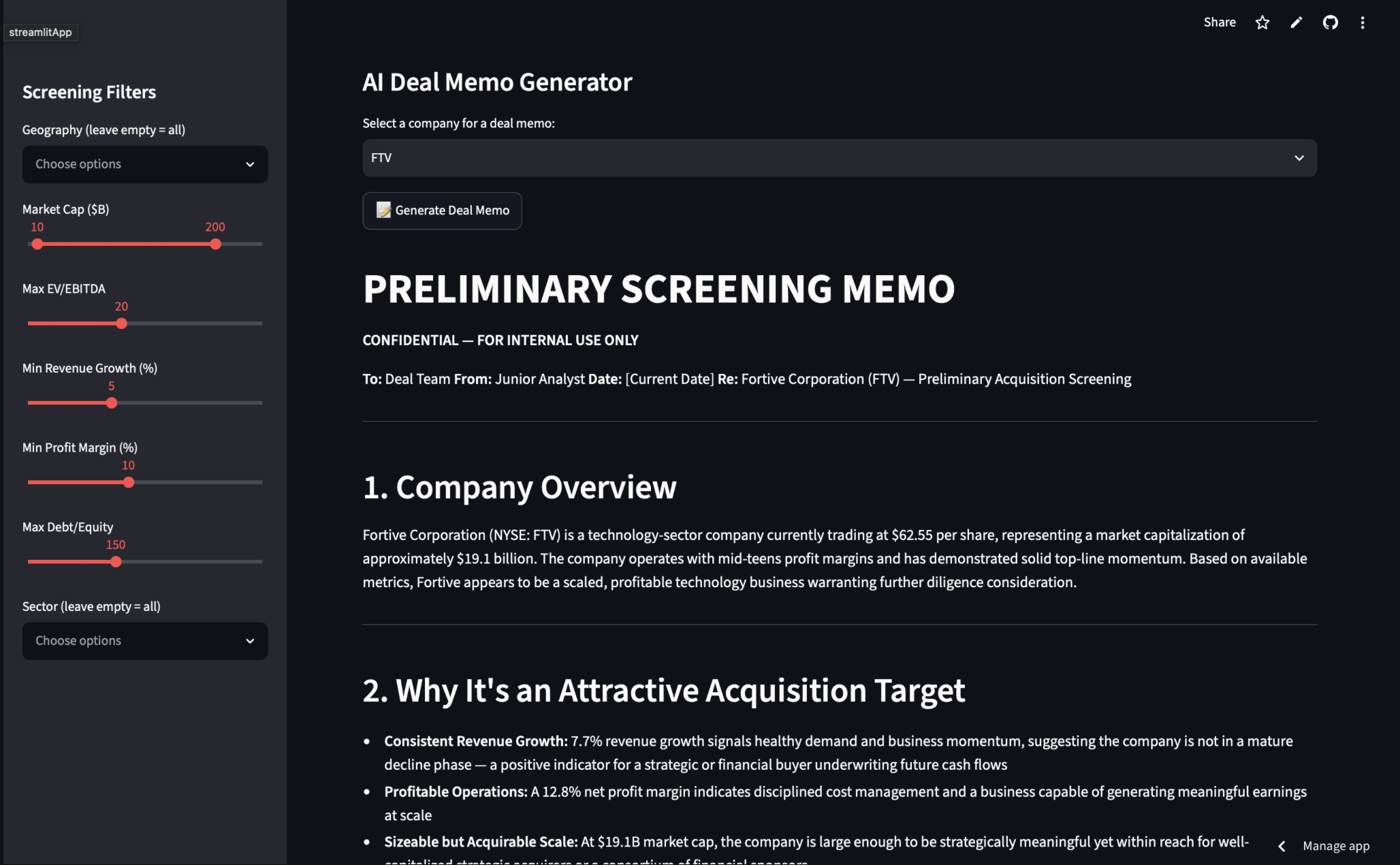 M&A Screener screenshot 2